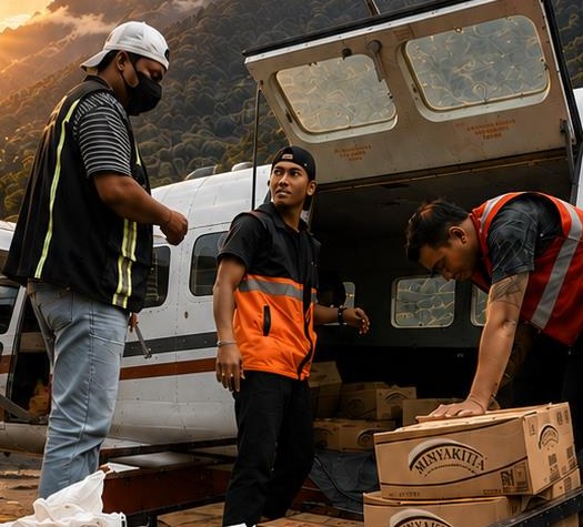 Tim AVEX memuat barang ke pesawat perintis di depan pegunungan Papua